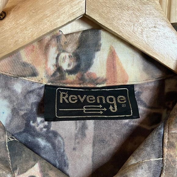 VTG Disco Revenge Button Down Shirt AOP Picture Printed Thin Sheer Elastic Sz M - Picture 7 of 10
